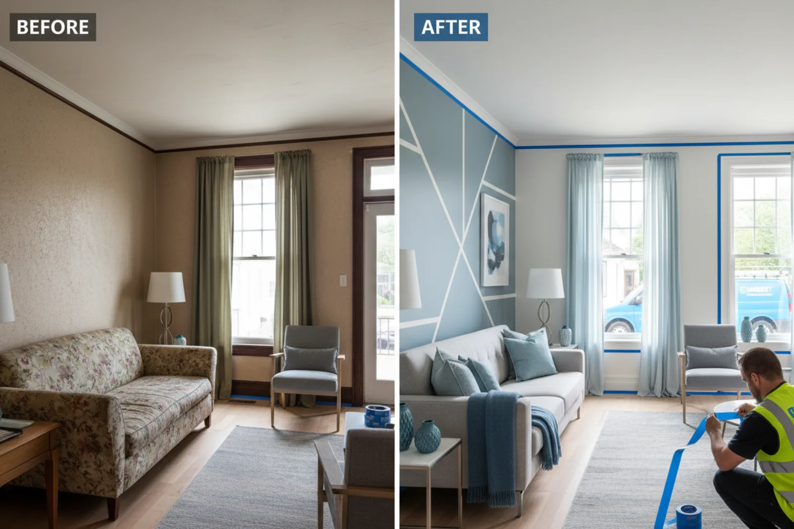 Interior painting Richmond KY before and after living room transformation showing cost-effective results